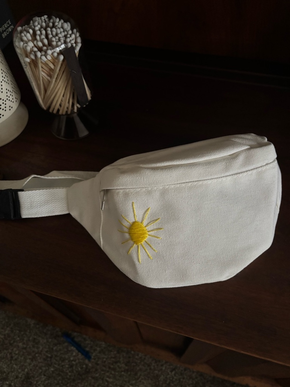 White Canvas Belt Bag with Yellow Sun Hand Embroidery - Picture 3 of 3